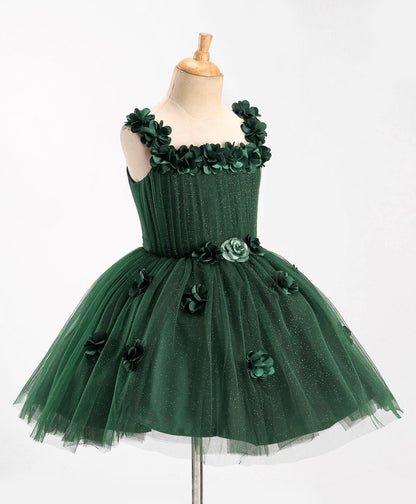 Enfance Sleeveless Flower Applique Solid Party Wear Dress -B.Green