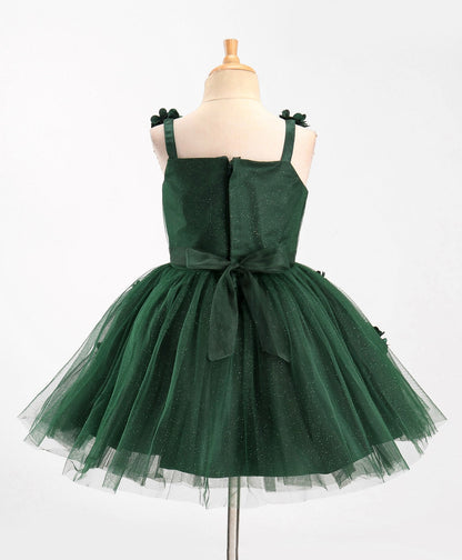 Enfance Sleeveless Flower Applique Solid Party Wear Dress -B.Green