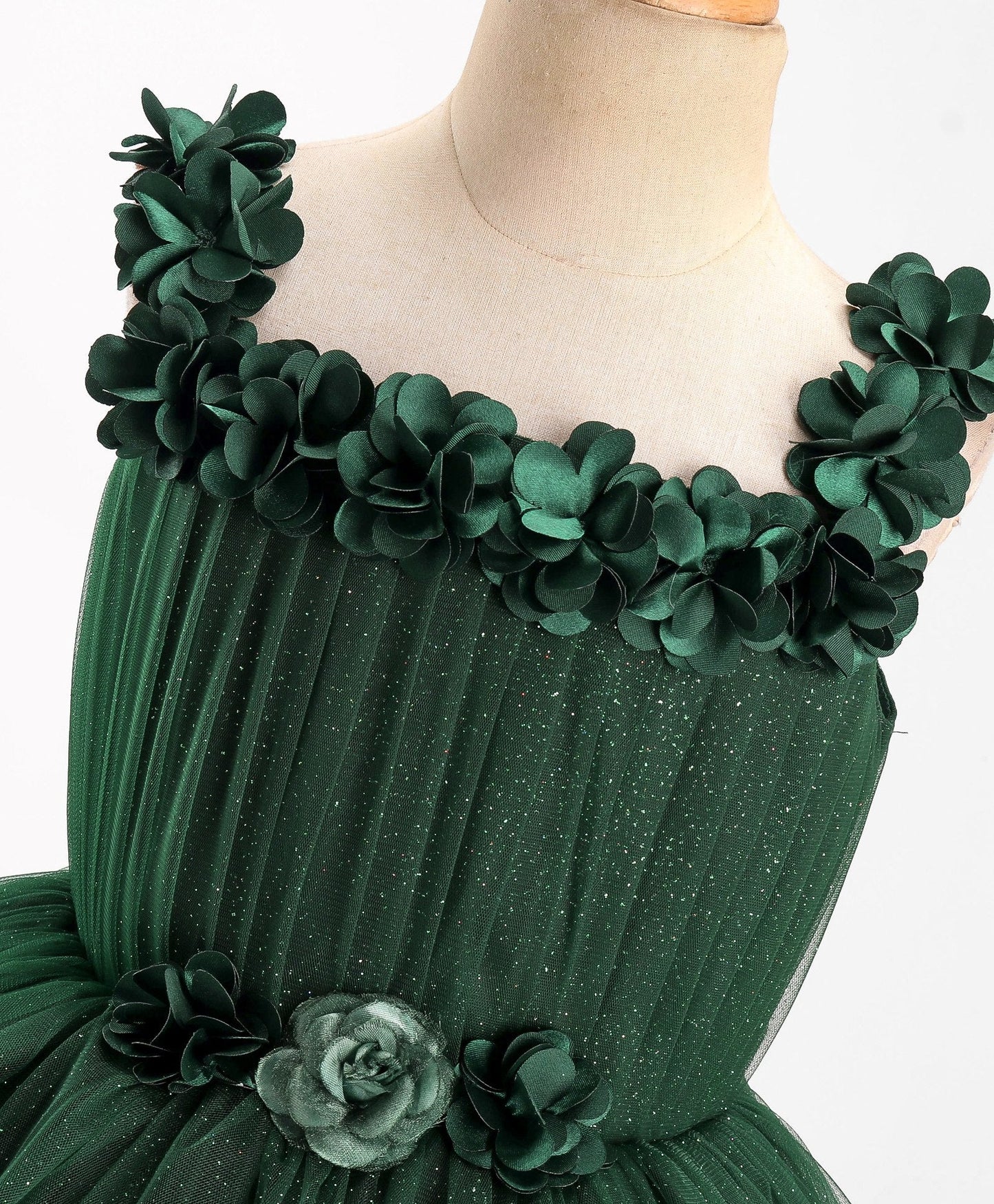 Enfance Sleeveless Flower Applique Solid Party Wear Dress -B.Green