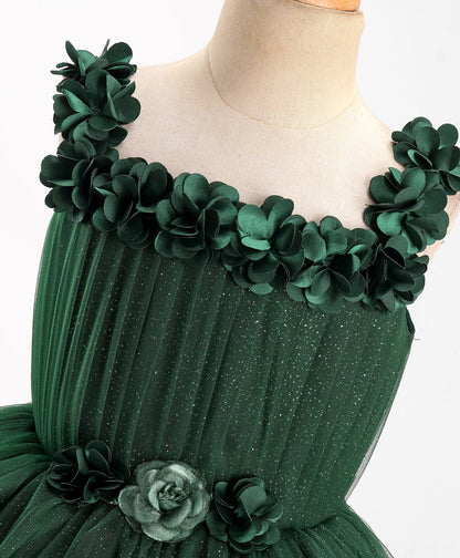 Enfance Sleeveless Flower Applique Solid Party Wear Dress -B.Green