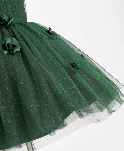 Enfance Sleeveless Flower Applique Solid Party Wear Dress -B.Green