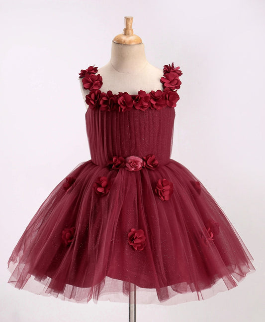 Enfance Sleeveless Flower Applique Solid Party Wear Dress -Maroon