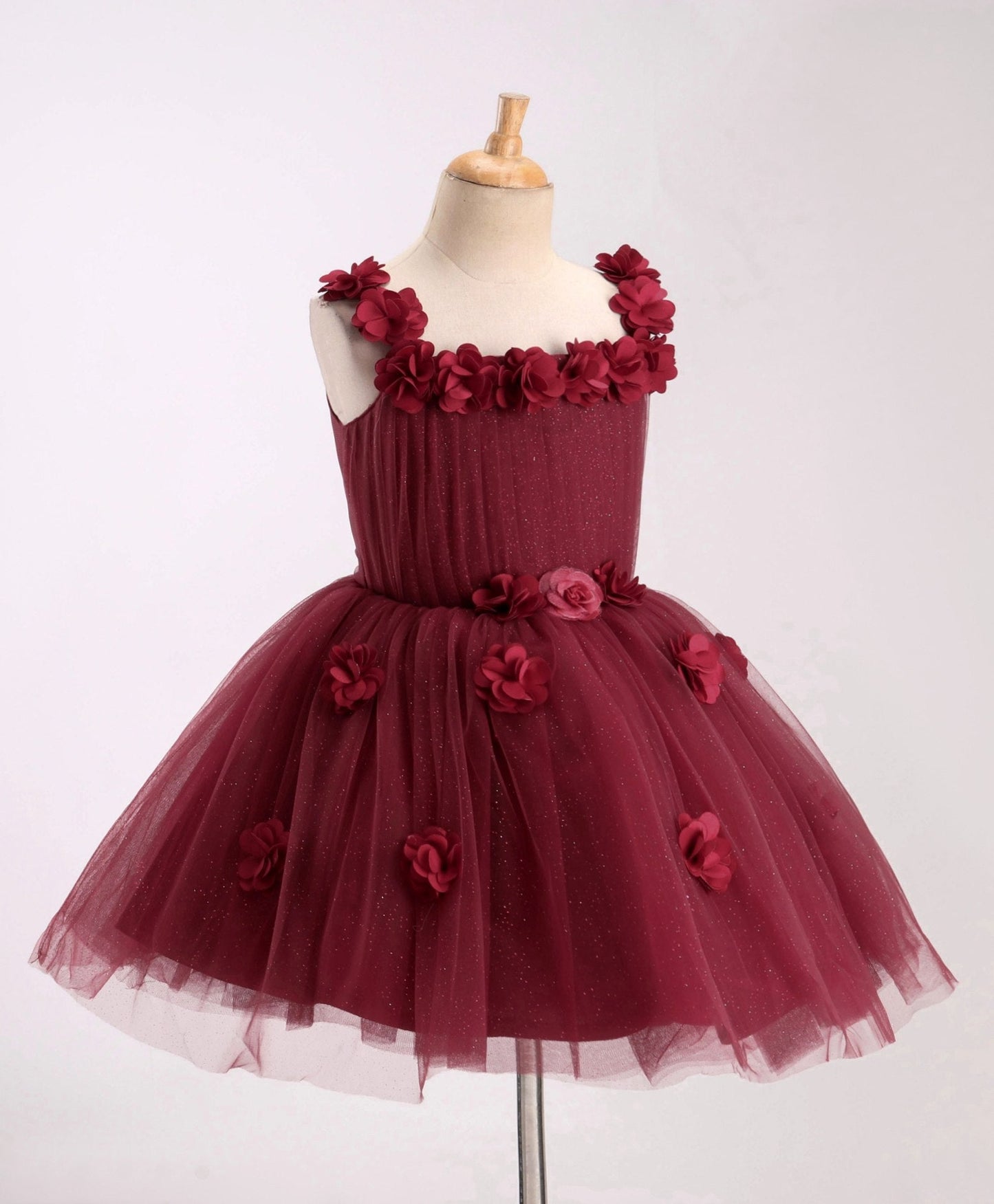 Enfance Sleeveless Flower Applique Solid Party Wear Dress -Maroon