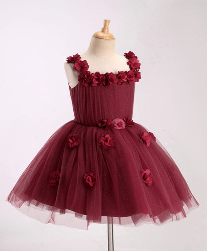 Enfance Sleeveless Flower Applique Solid Party Wear Dress -Maroon