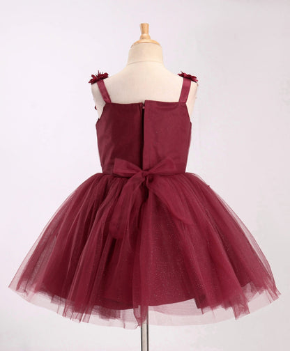Enfance Sleeveless Flower Applique Solid Party Wear Dress -Maroon