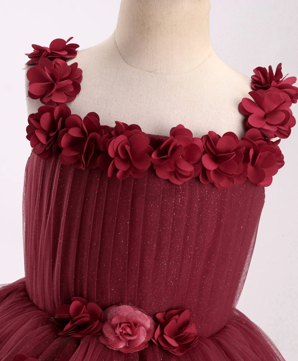 Enfance Sleeveless Flower Applique Solid Party Wear Dress -Maroon