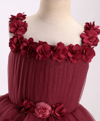 Enfance Sleeveless Flower Applique Solid Party Wear Dress -Maroon