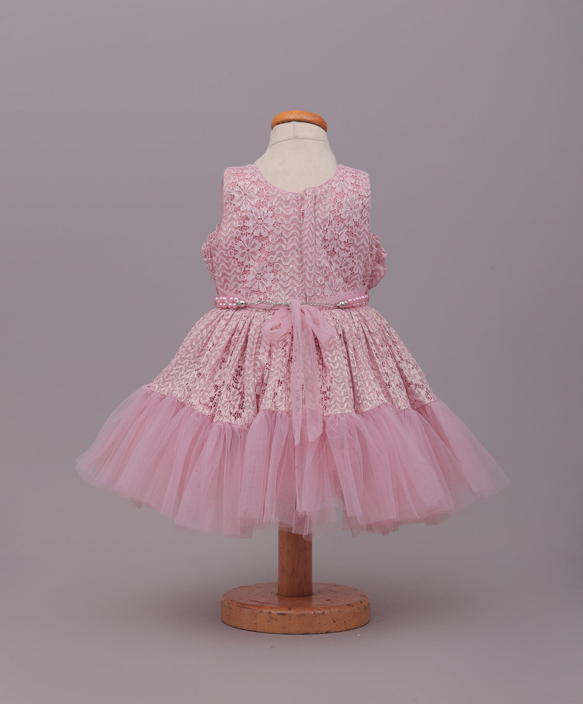 Enfance Sleeveless Mesh Yoke Floral Applique & Beads Embellished Pleated Flared Net Party Dress - Peach