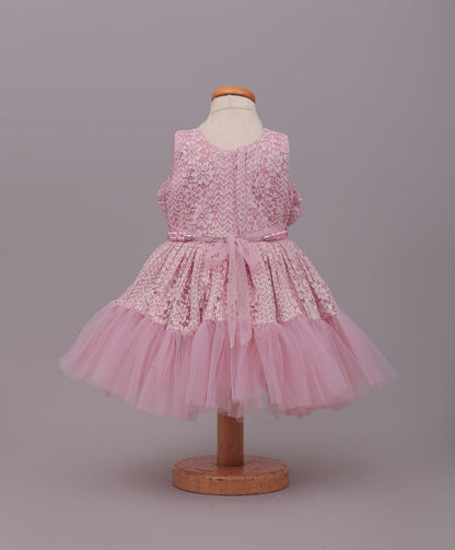 Enfance Sleeveless Mesh Yoke Floral Applique & Beads Embellished Pleated Flared Net Party Dress - Peach