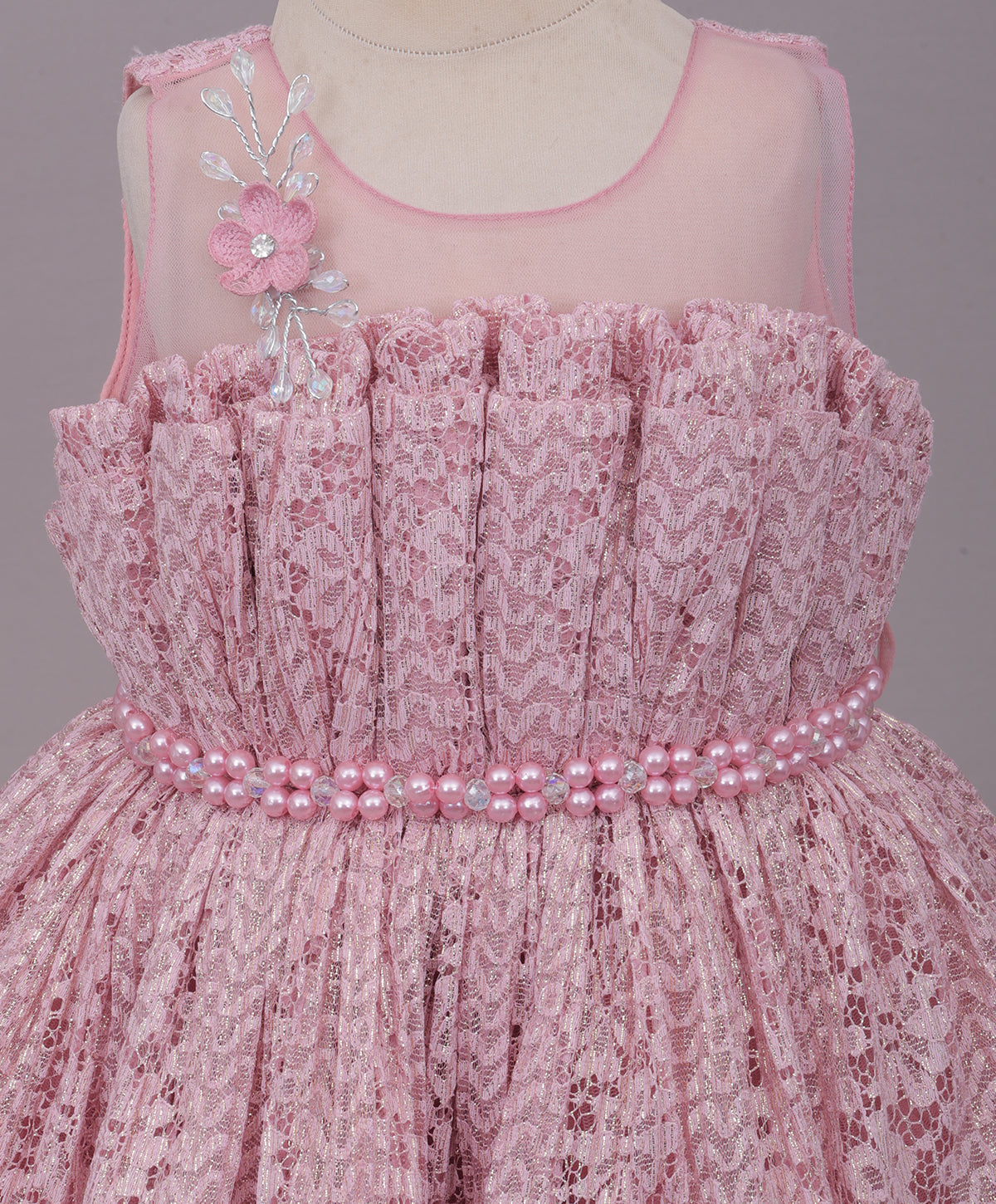 Enfance Sleeveless Mesh Yoke Floral Applique & Beads Embellished Pleated Flared Net Party Dress - Peach