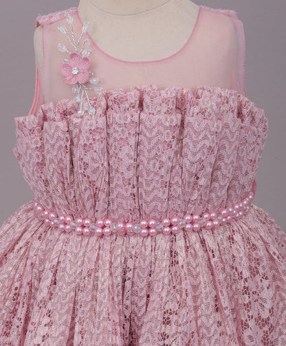 Enfance Sleeveless Mesh Yoke Floral Applique & Beads Embellished Pleated Flared Net Party Dress - Peach