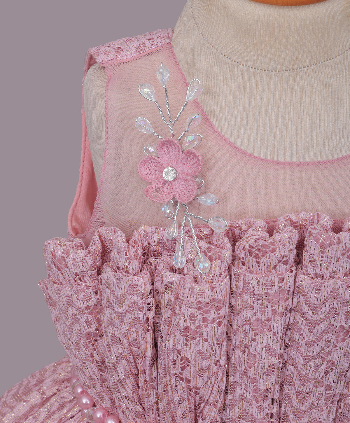 Enfance Sleeveless Mesh Yoke Floral Applique & Beads Embellished Pleated Flared Net Party Dress - Peach