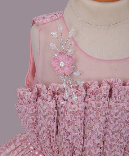 Enfance Sleeveless Mesh Yoke Floral Applique & Beads Embellished Pleated Flared Net Party Dress - Peach