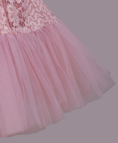 Enfance Sleeveless Mesh Yoke Floral Applique & Beads Embellished Pleated Flared Net Party Dress - Peach