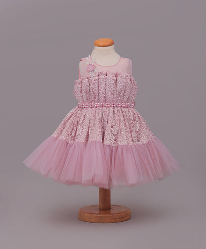 Enfance Sleeveless Mesh Yoke Floral Applique & Beads Embellished Pleated Flared Net Party Dress - Peach