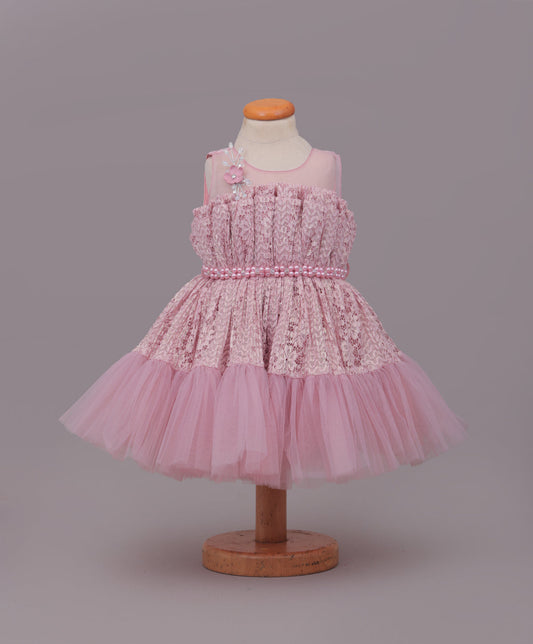 Enfance Sleeveless Mesh Yoke Floral Applique & Beads Embellished Pleated Flared Net Party Dress - Peach