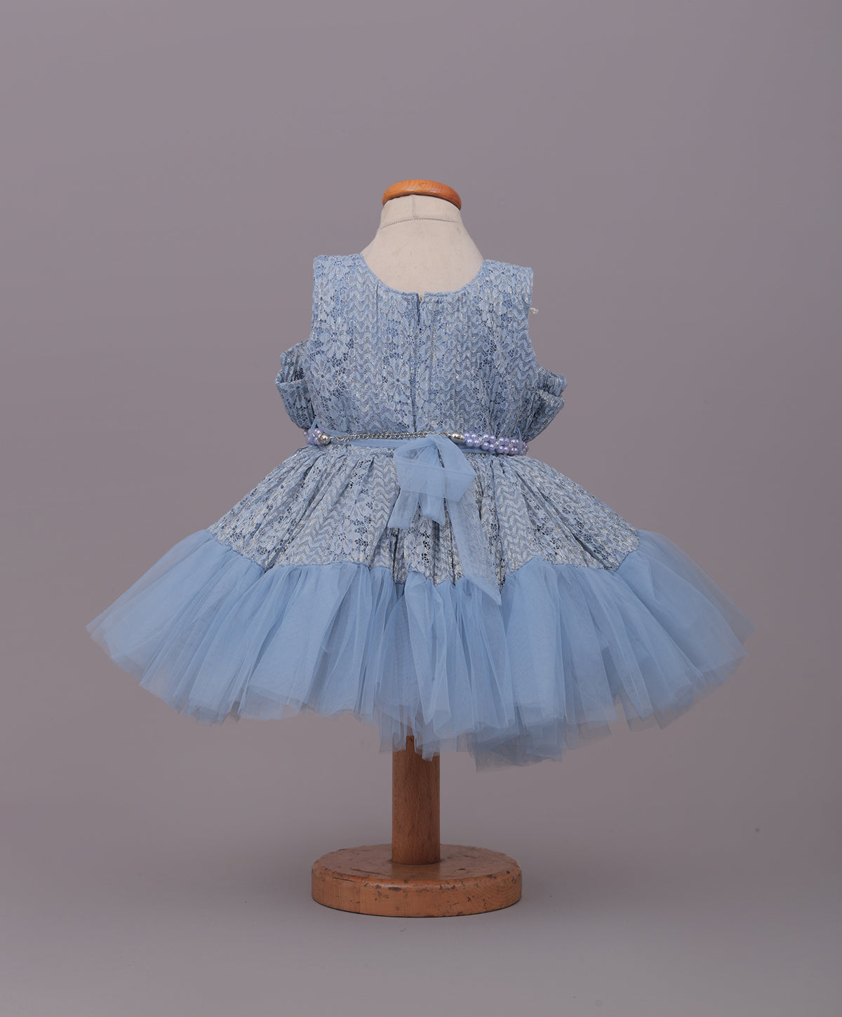 Enfance Sleeveless Mesh Yoke Floral Applique & Beads Embellished Pleated Flared Net Party Dress - Grey