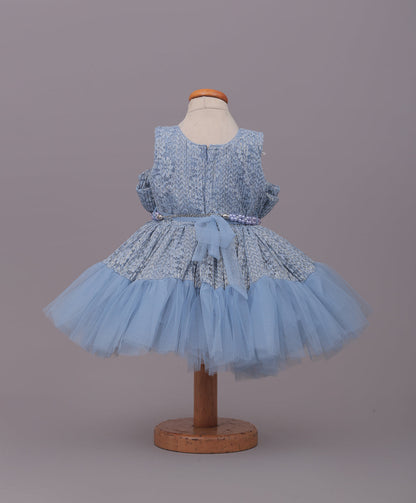 Enfance Sleeveless Mesh Yoke Floral Applique & Beads Embellished Pleated Flared Net Party Dress - Grey