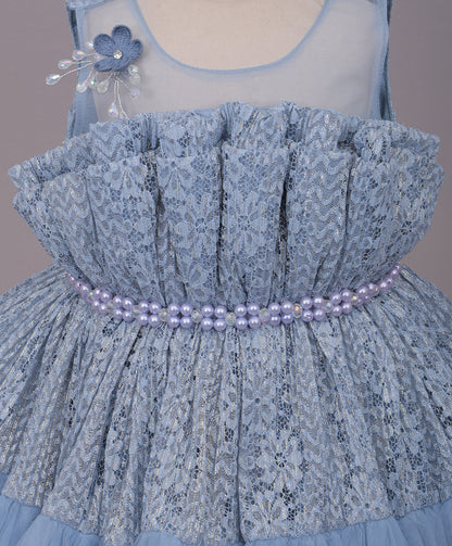 Enfance Sleeveless Mesh Yoke Floral Applique & Beads Embellished Pleated Flared Net Party Dress - Grey