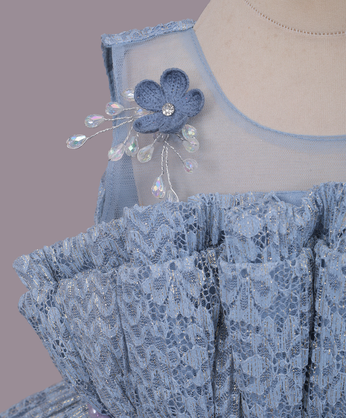 Enfance Sleeveless Mesh Yoke Floral Applique & Beads Embellished Pleated Flared Net Party Dress - Grey