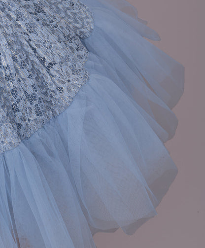 Enfance Sleeveless Mesh Yoke Floral Applique & Beads Embellished Pleated Flared Net Party Dress - Grey