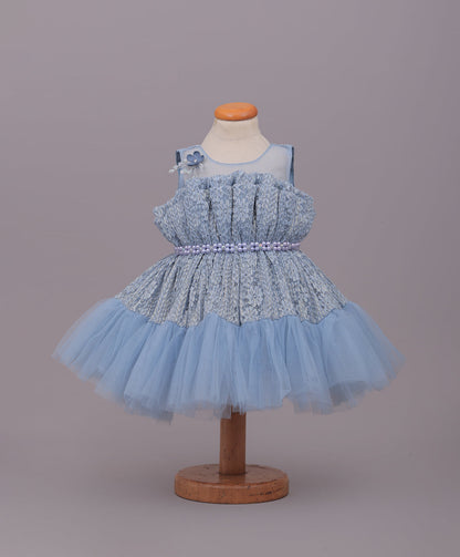 Enfance Sleeveless Mesh Yoke Floral Applique & Beads Embellished Pleated Flared Net Party Dress - Grey