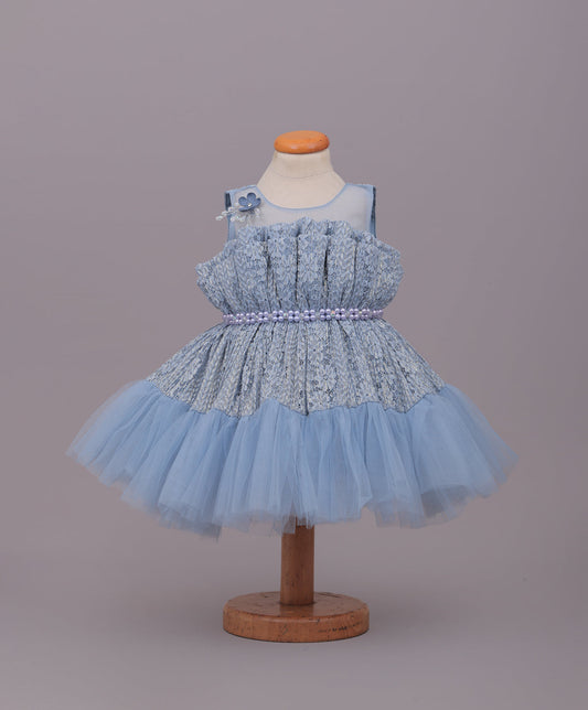 Enfance Sleeveless Mesh Yoke Floral Applique & Beads Embellished Pleated Flared Net Party Dress - Grey