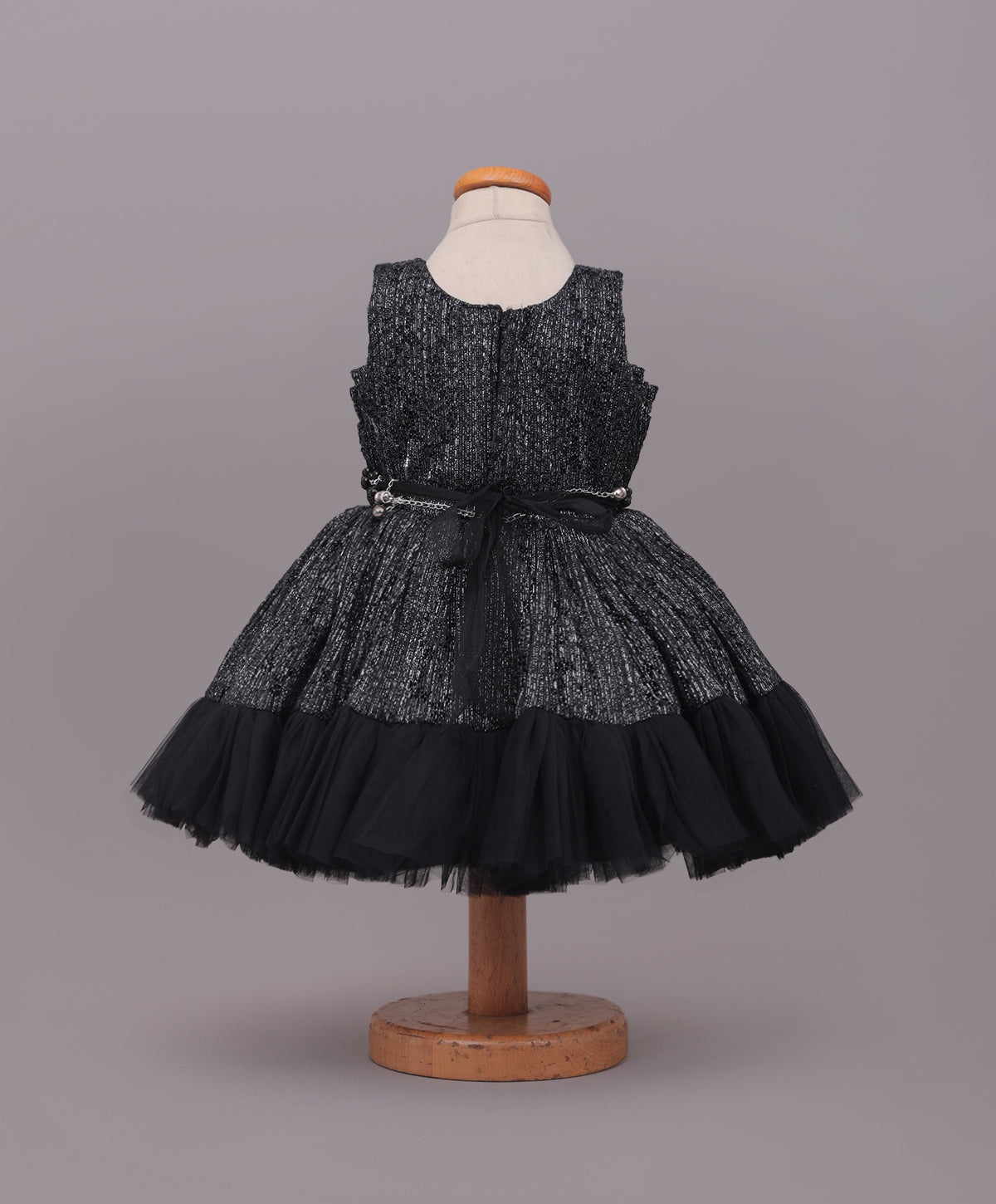 Enfance Sleeveless Sequins Embellished & Floral Applique Net Dress - Black