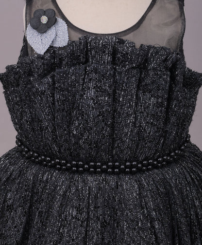 Enfance Sleeveless Sequins Embellished & Floral Applique Net Dress - Black