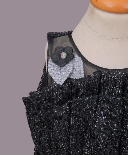 Enfance Sleeveless Sequins Embellished & Floral Applique Net Dress - Black