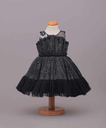 Enfance Sleeveless Sequins Embellished & Floral Applique Net Dress - Black