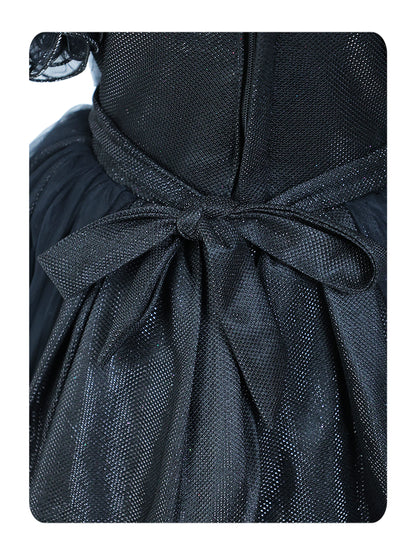 Enfance Short Sleeve Sequins Embellished Layered Party Net Dress - Black