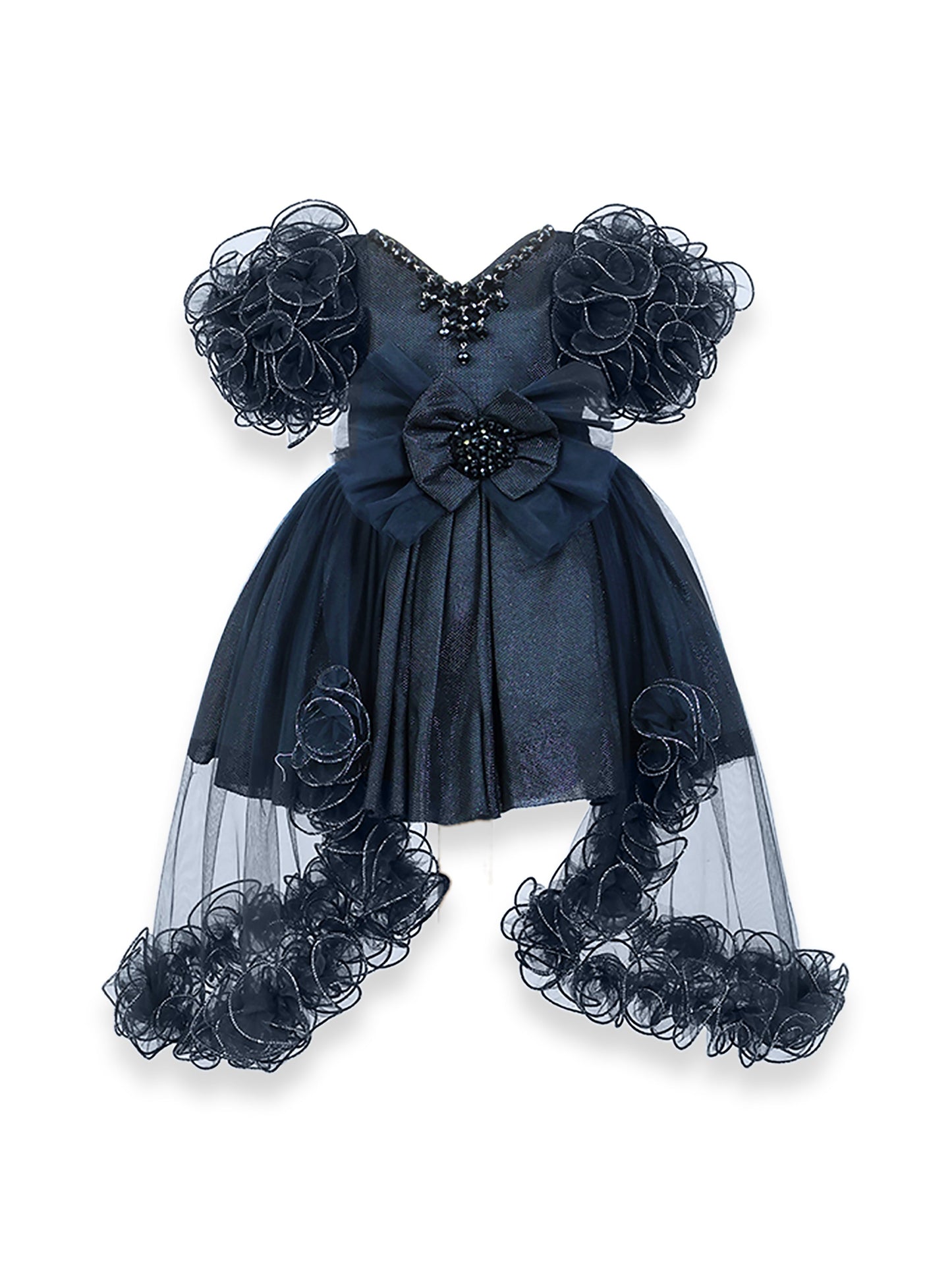 Enfance Short Sleeve Sequins Embellished Layered Party Net Dress - Black