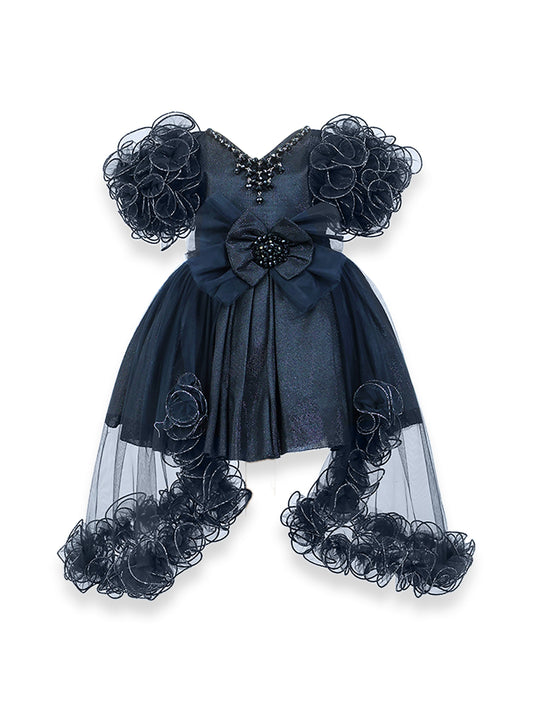Enfance Short Sleeve Sequins Embellished Layered Party Net Dress - Black