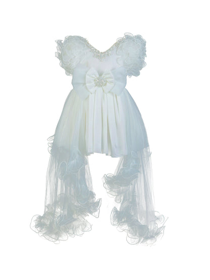 Enfance Short Sleeve Sequins Embellished Layered Party Net Dress - White