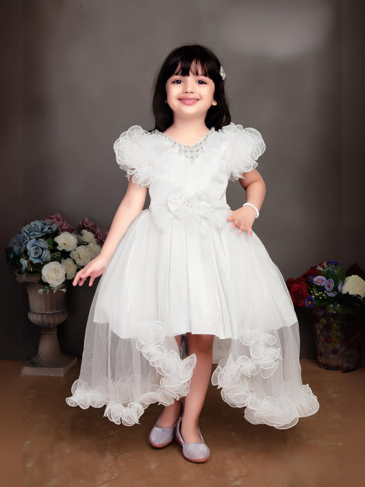 Enfance Short Sleeve Sequins Embellished Layered Party Net Dress - White