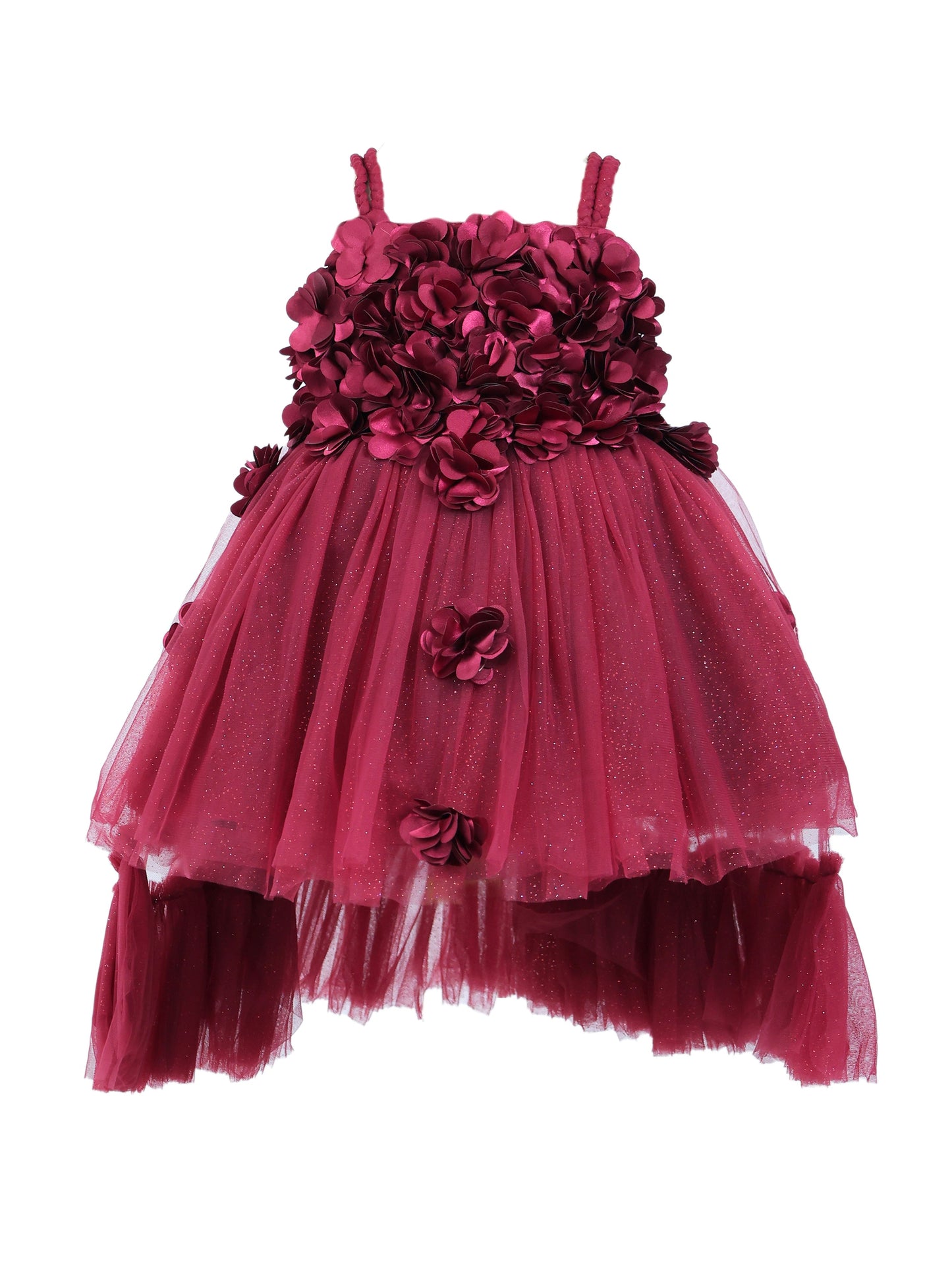 Enfance Sleeveless Floral Applique Detailed Net Dress - Maroon