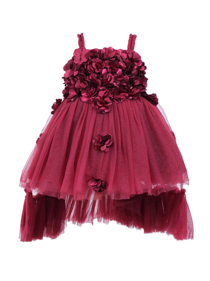 Enfance Sleeveless Floral Applique Detailed Net Dress - Maroon