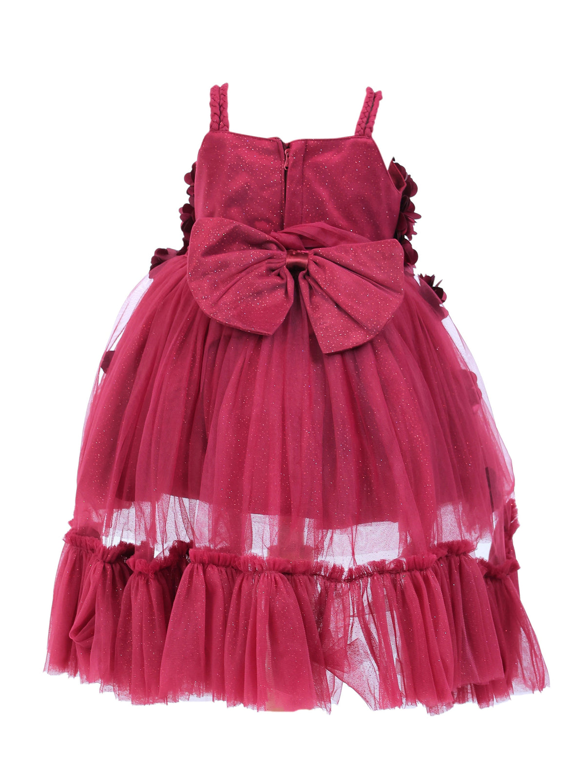 Enfance Sleeveless Floral Applique Detailed Net Dress - Maroon