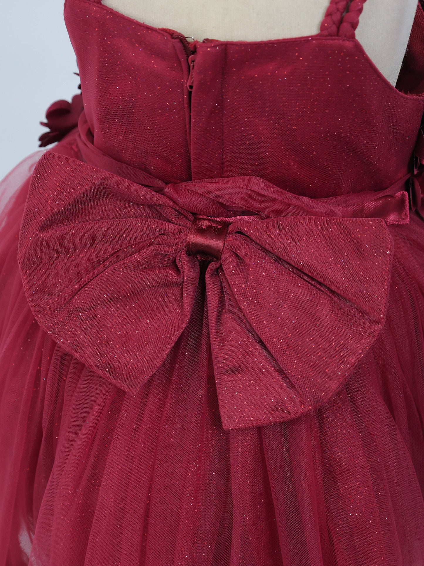 Enfance Sleeveless Floral Applique Detailed Net Dress - Maroon