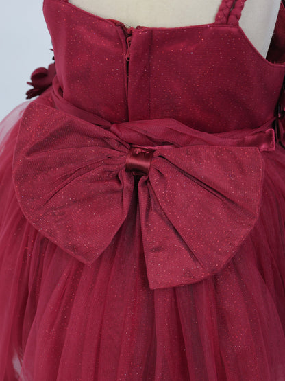 Enfance Sleeveless Floral Applique Detailed Net Dress - Maroon