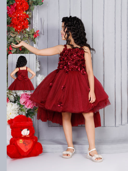 Enfance Sleeveless Floral Applique Detailed Net Dress - Maroon