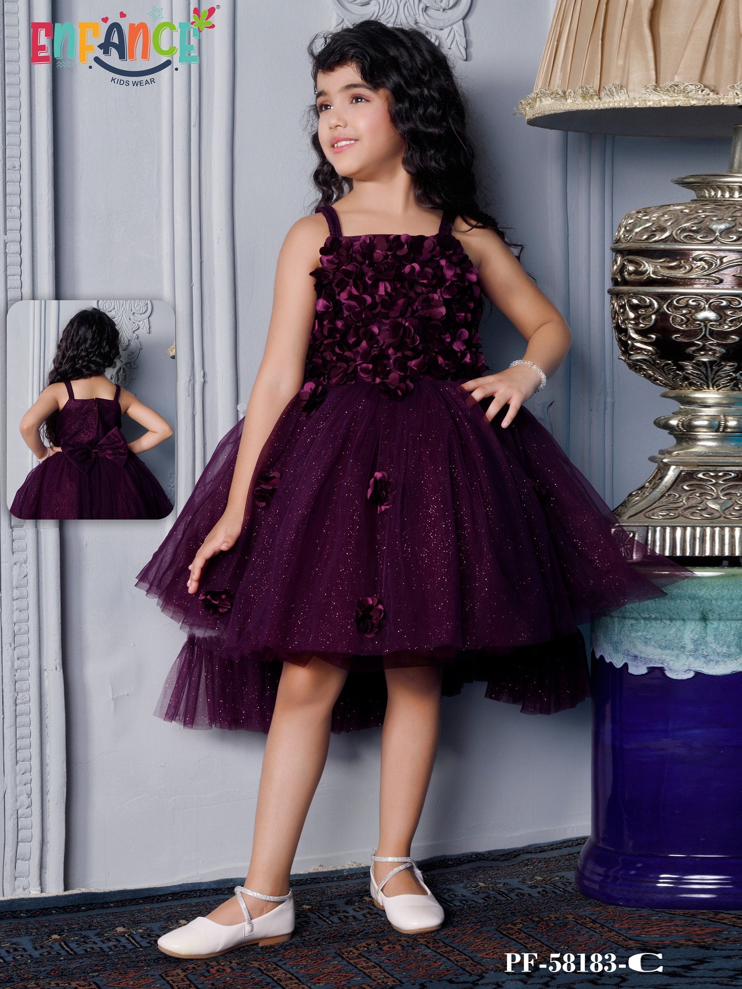 Enfance Sleeveless Floral Applique Detailed Net Dress - Wine