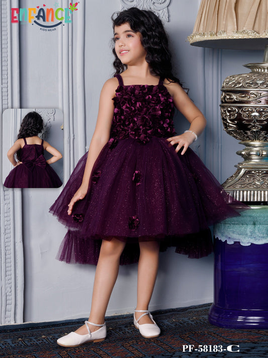 Enfance Sleeveless Floral Applique Detailed Net Dress - Wine