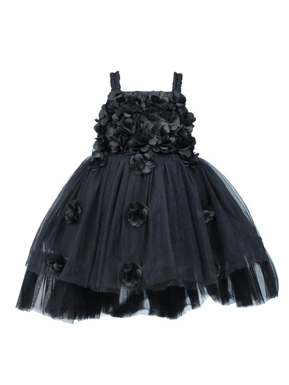 Enfance Sleeveless Floral Applique Detailed Net Dress - Black