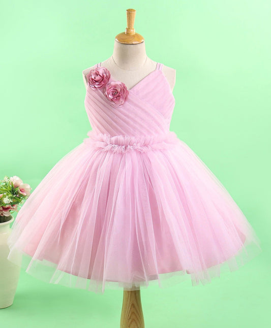 Enfance Sleeveless Flower Applique Flare Party Dress-O.Pink