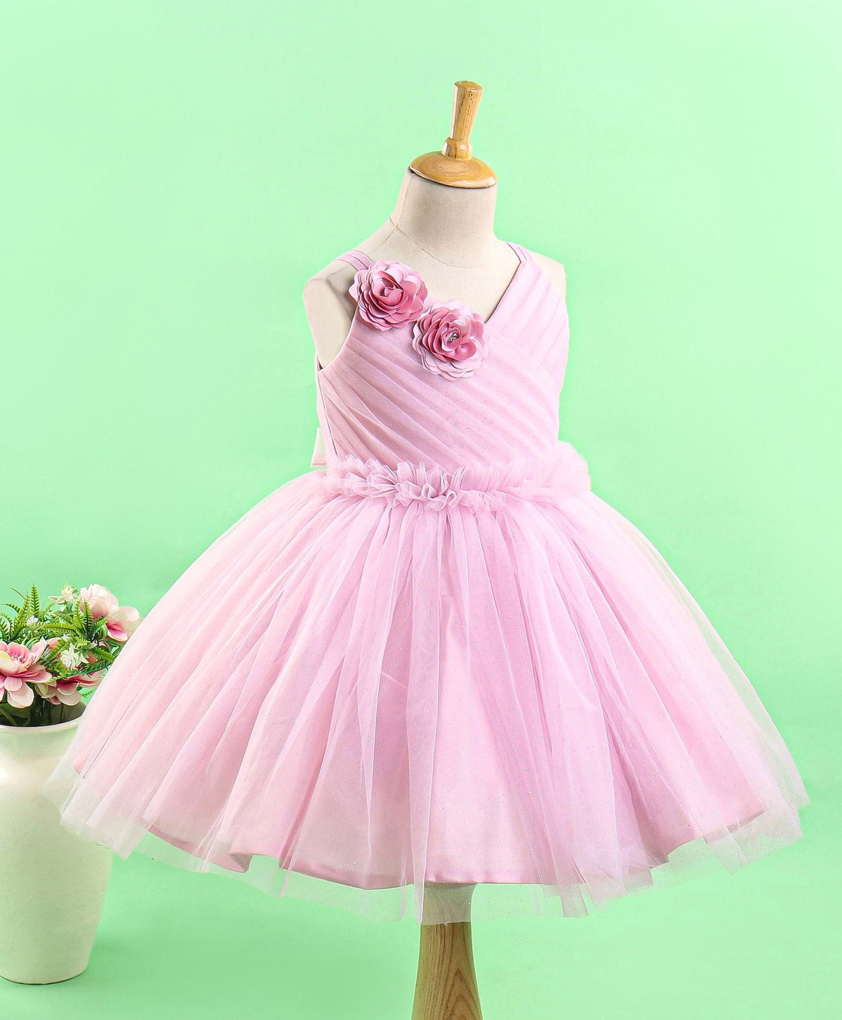 Enfance Sleeveless Flower Applique Flare Party Dress-O.Pink