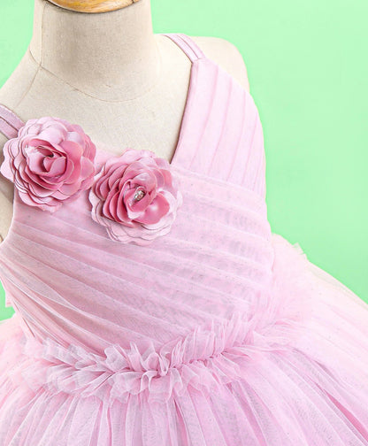 Enfance Sleeveless Flower Applique Flare Party Dress-O.Pink