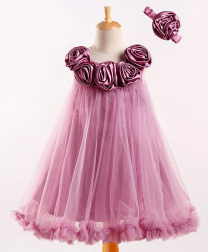 Enfance Sleeveless Rose Applique Solid Dress With Hairband-O.Pink