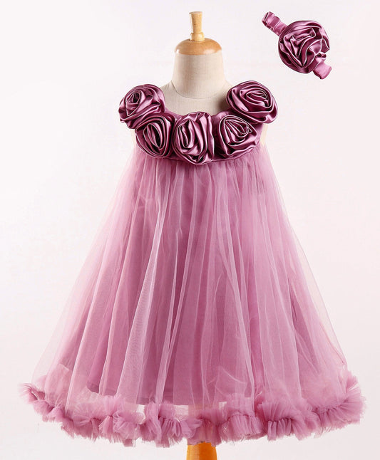 Enfance Sleeveless Rose Applique Solid Dress With Hairband-O.Pink
